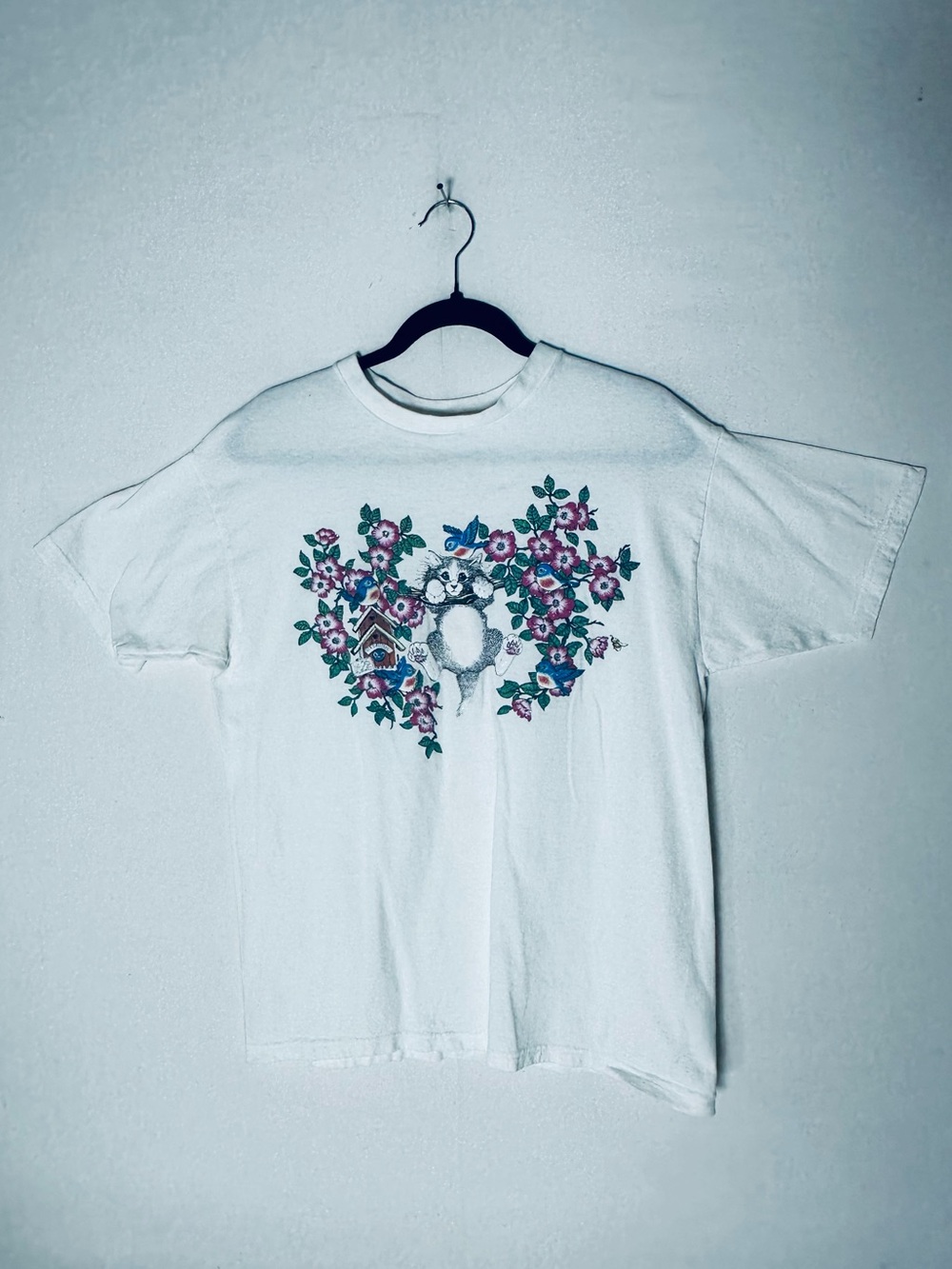 Vintage 90s White Cat Graphic Tee Bluebirds And Flowers L Hang In There Kitty